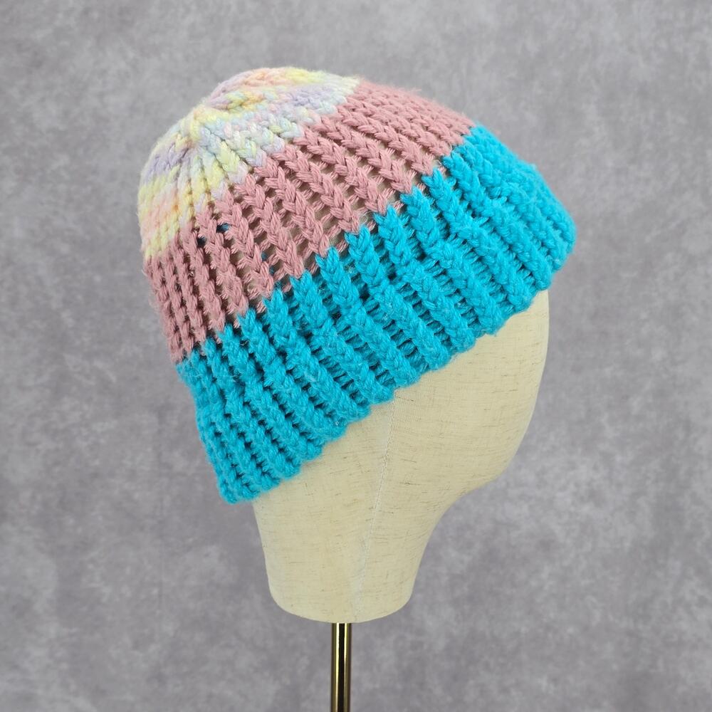 Blue Pink Crochet Knit Bucket Cap Hat Fun‎ Vintage Y2K Funky Beanie